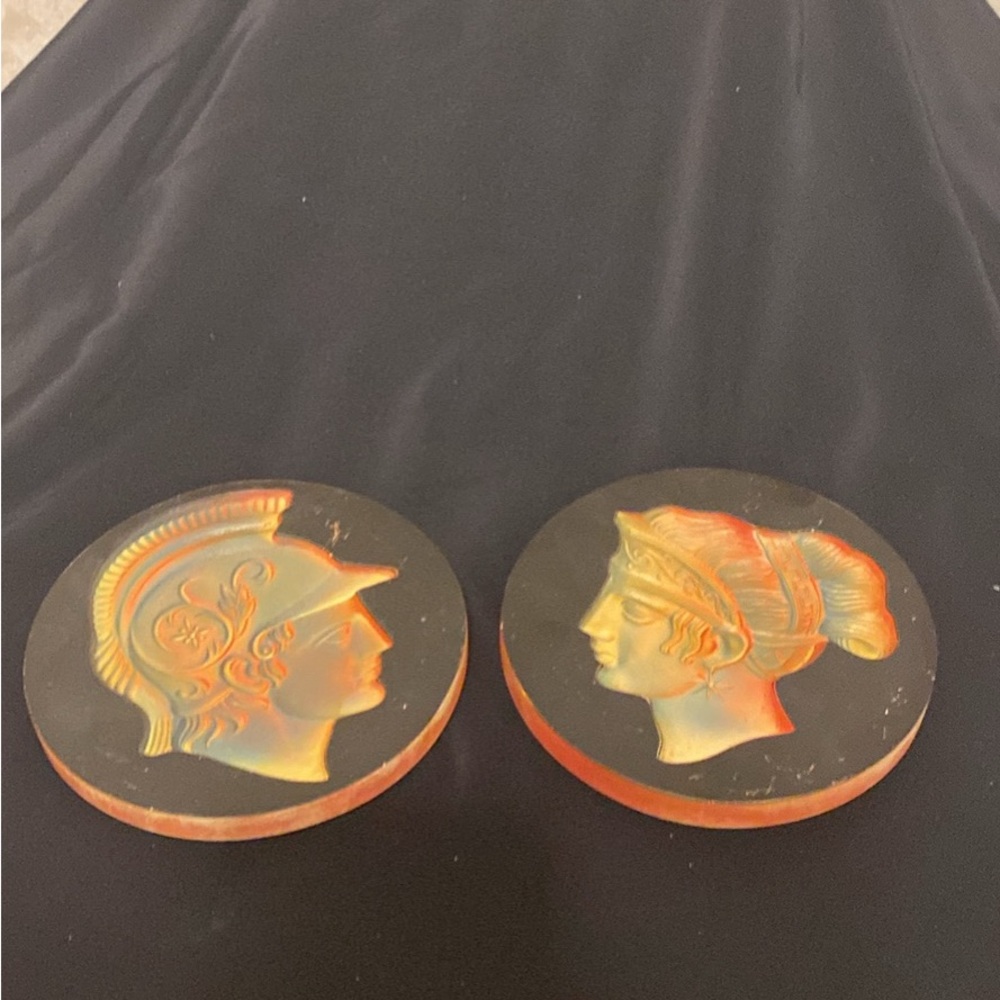 2pc set of Mid Century Victorian Chalkware Wall Plaques, 6” in diameter